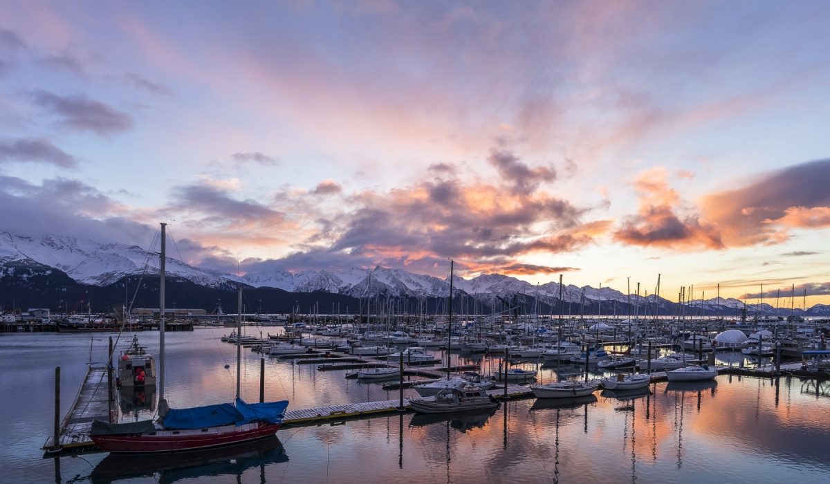 Sunset over Seward Small Boat Harbor from Harbor 360 Hotel